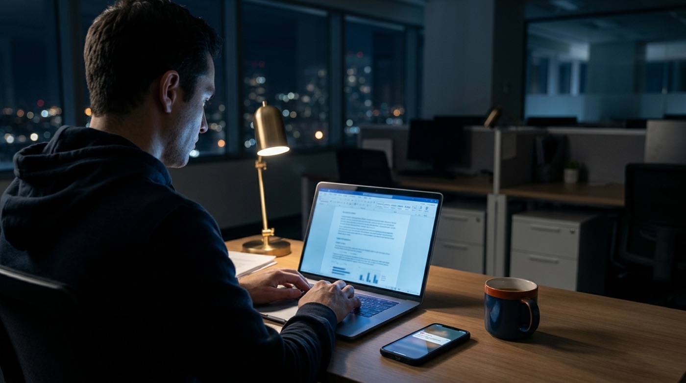 A security engineer types an urgent incident report late at night, a phone alert lying beside the laptop