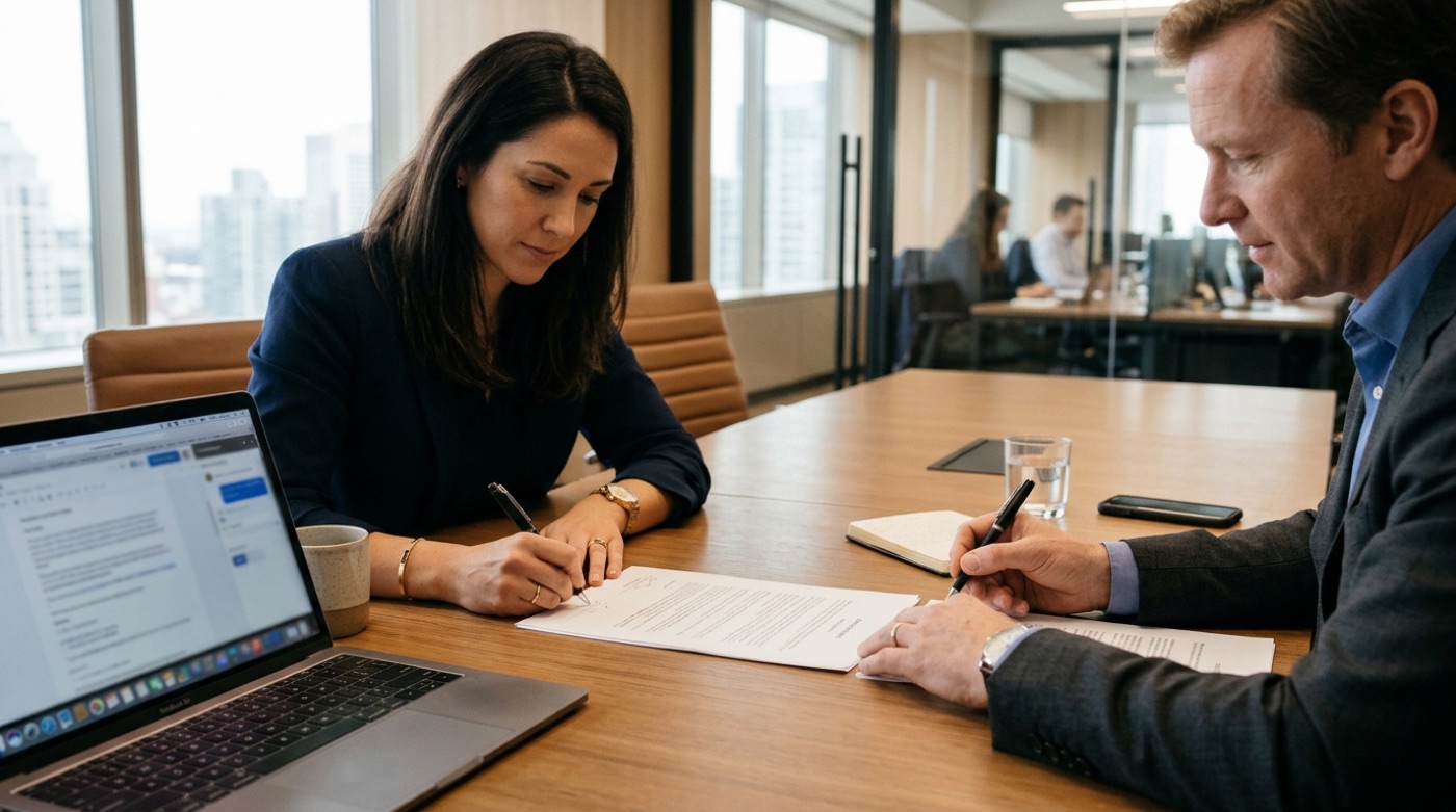 A brand manager and a software vendor representative sign a development contract at a conference table