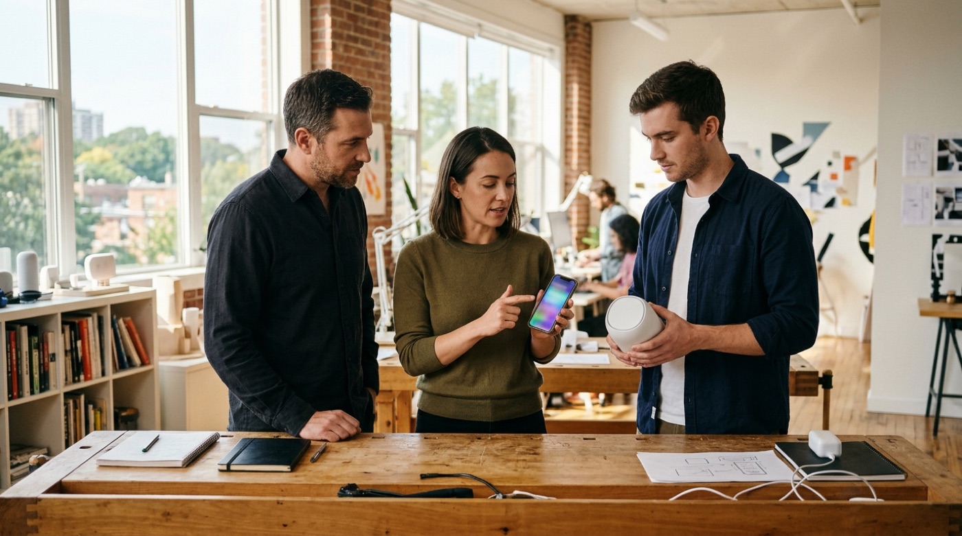 A product team tests a connected device and its smartphone app together at a studio workbench