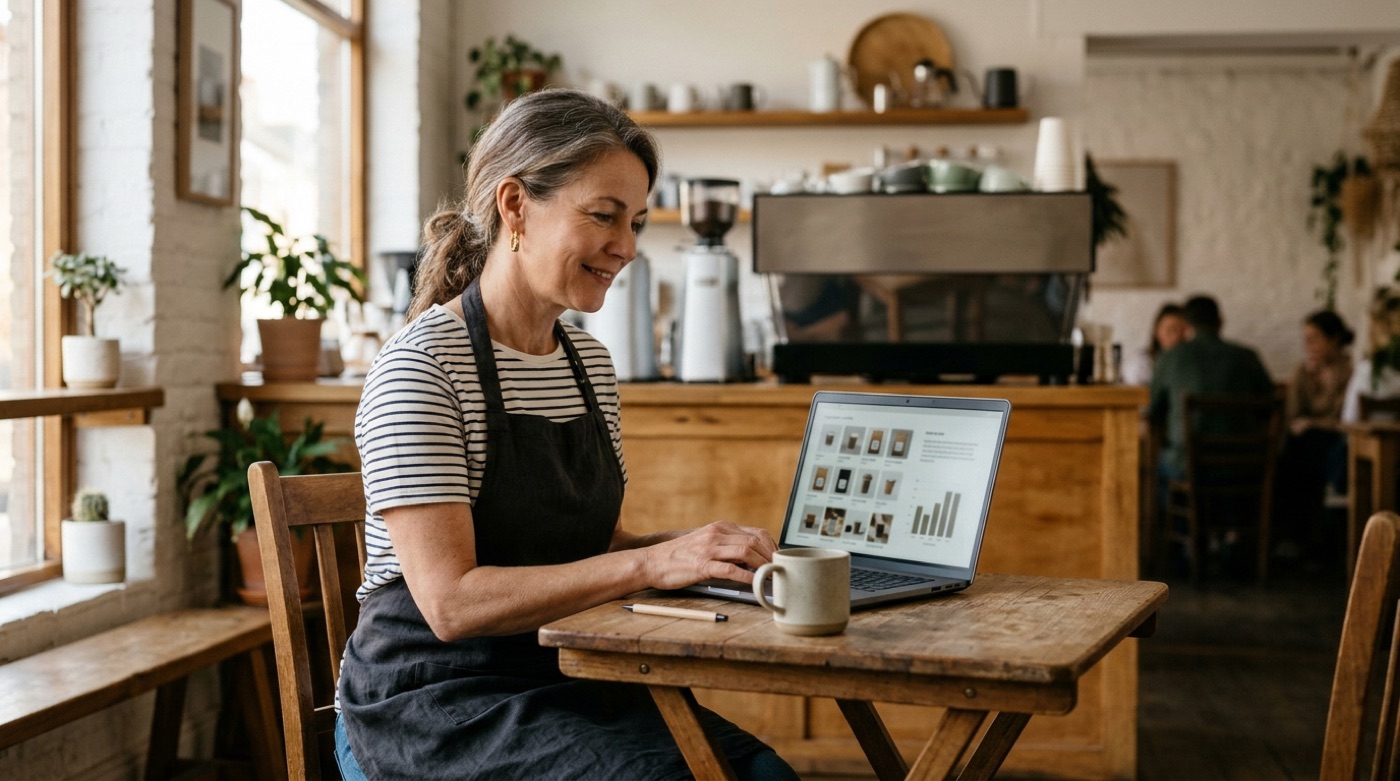 A café owner at a small wooden table in her shop organizing brand, bookkeeping and customer information on a laptop