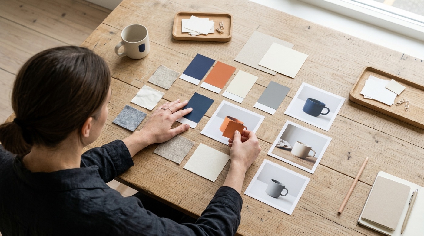 A designer laying out brand color swatches, material samples and product photos on a table to define a brand style