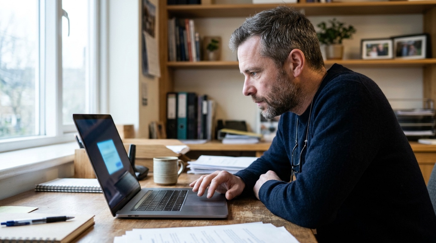 A shop owner in an office carefully considering whether to approve an app connection on a laptop