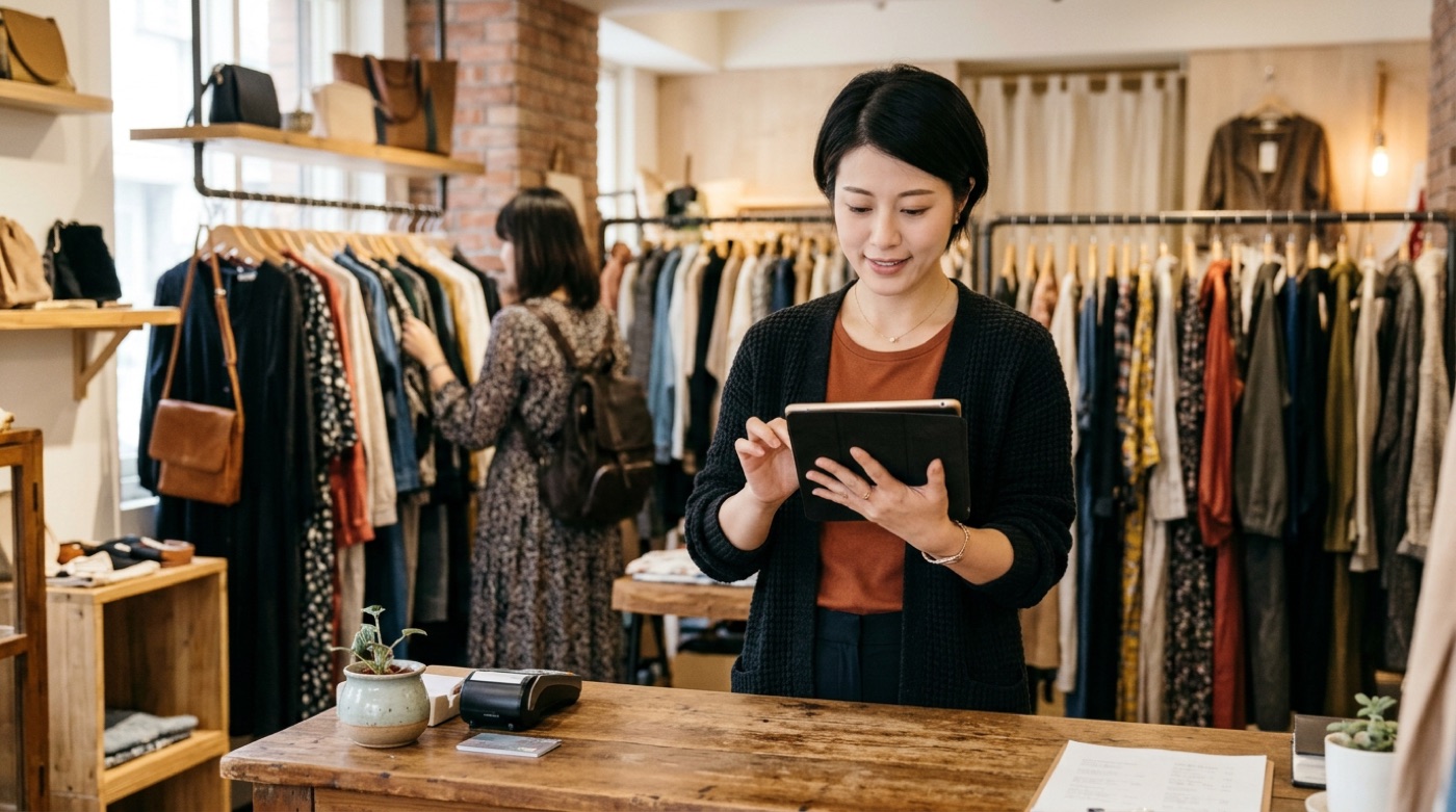 A clothing boutique owner in Taipei checking customer reviews on a tablet at the shop counter