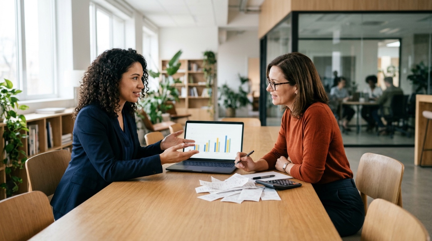 An owner and an accountant at a meeting table reviewing revenue charts on a laptop beside a stack of receipts