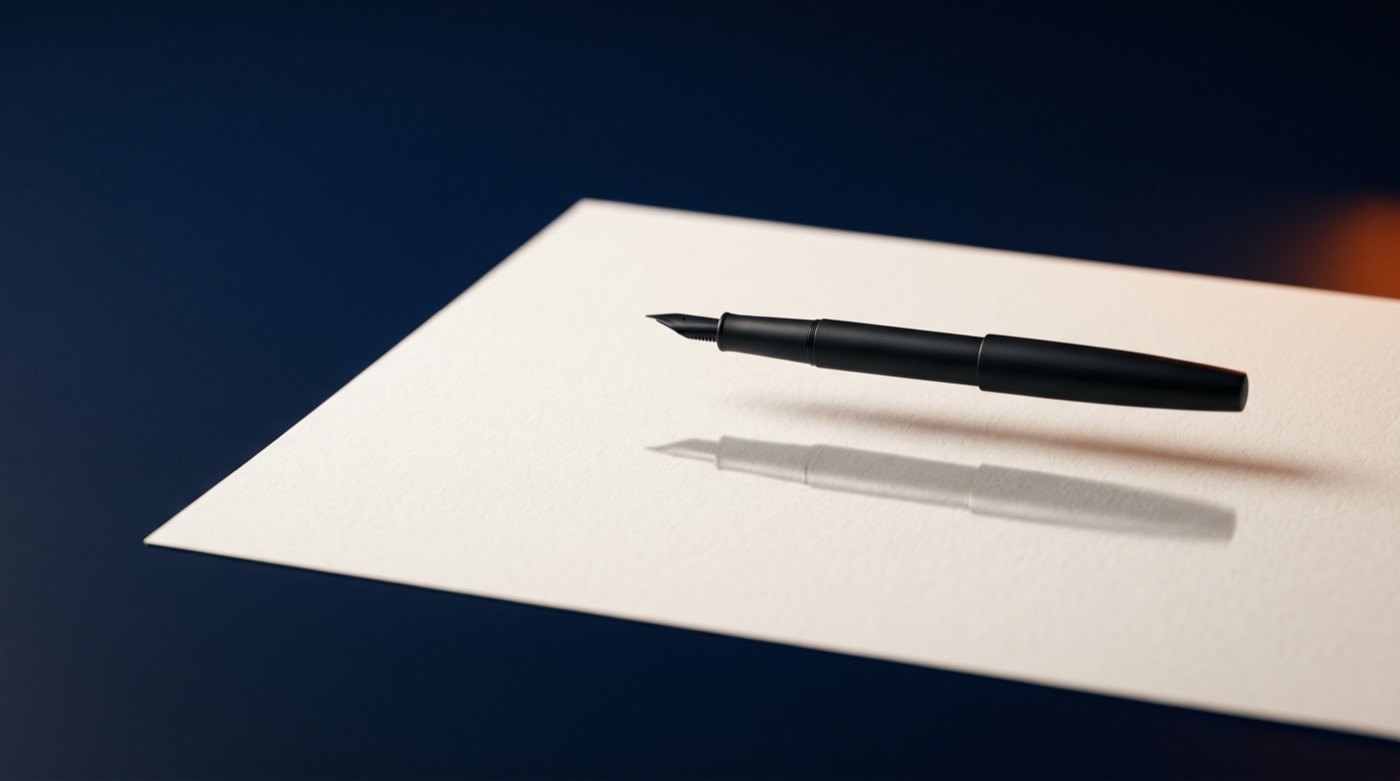 A black fountain pen hovering over blank paper, casting a faint reflection