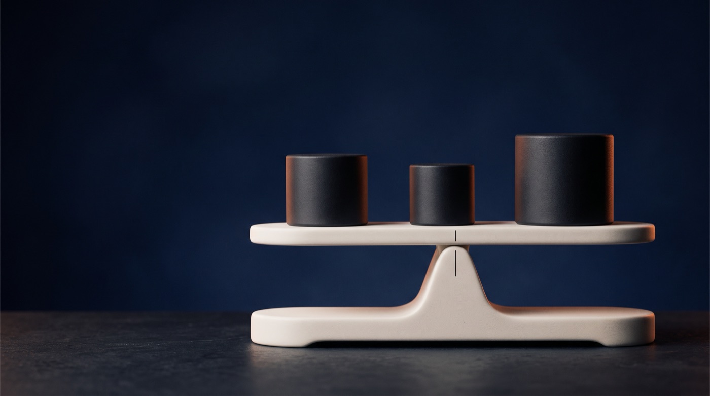 Three charcoal weights of different sizes lined up on a warm white balance scale