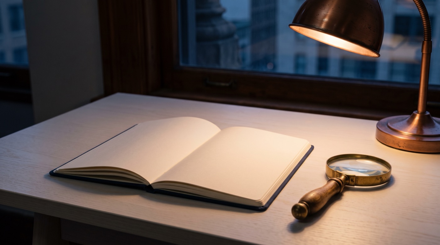 An open notebook on a warm white desk, with a magnifying glass and a copper desk lamp