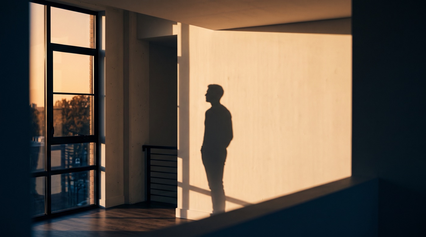 Late sunlight through a window frame casting a crisp human silhouette on the wall