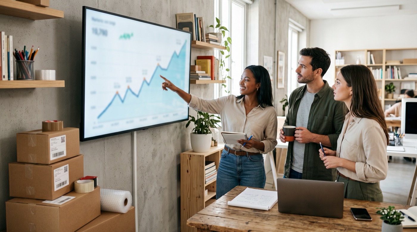 A three-person e-commerce team discussing a rising traffic chart on a wall screen, shipping boxes stacked in the corner