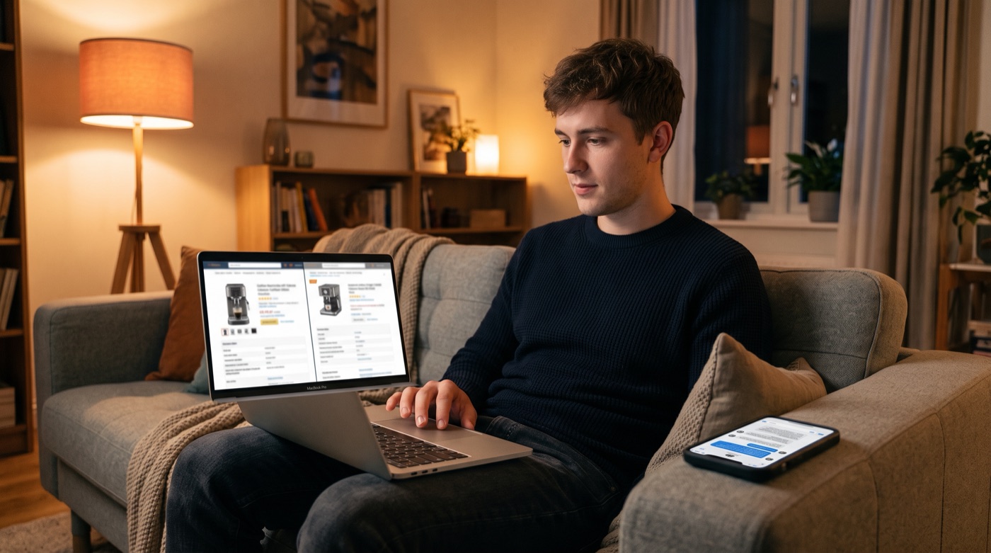 A young man on a sofa comparing two product pages side by side on a laptop, his phone on the armrest showing an AI chat assistant