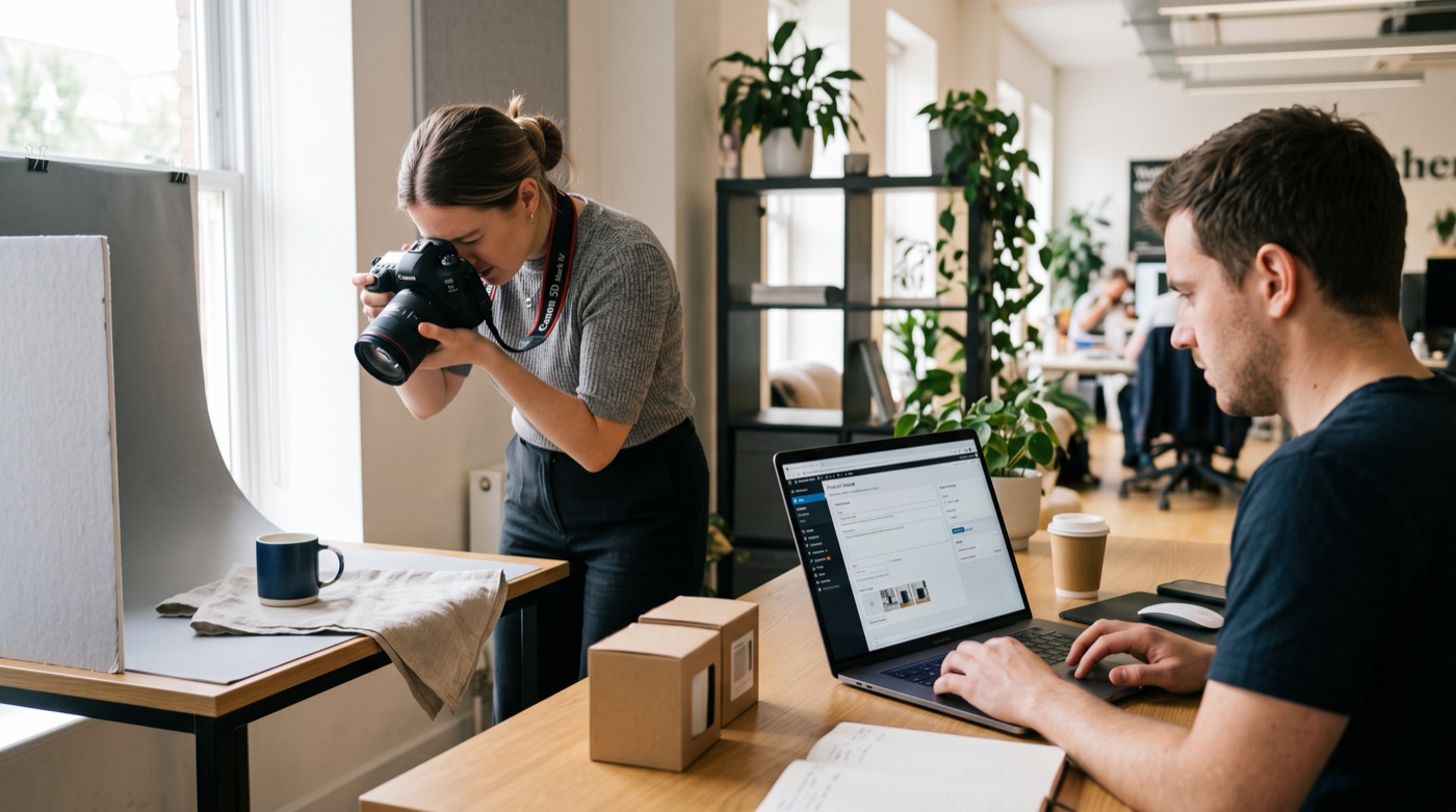 One brand team member photographing a mug in a small tabletop studio while another fills in a product page on a laptop