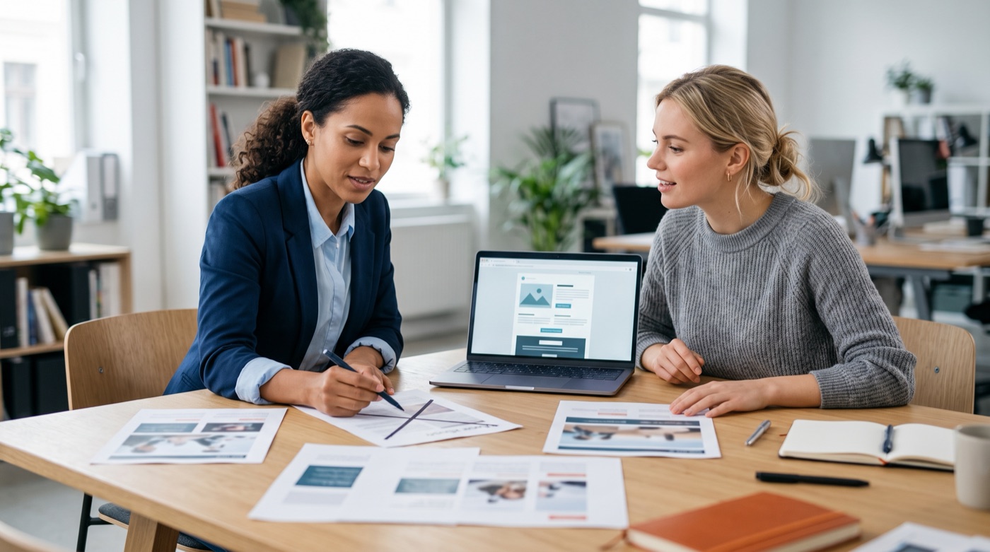 A brand manager and a designer reviewing printed ad layouts and an email design on a laptop, crossing one layout out