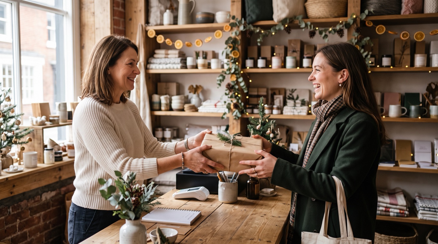 A boutique owner handing a wrapped purchase across the counter to a smiling returning customer, shelves of products behind