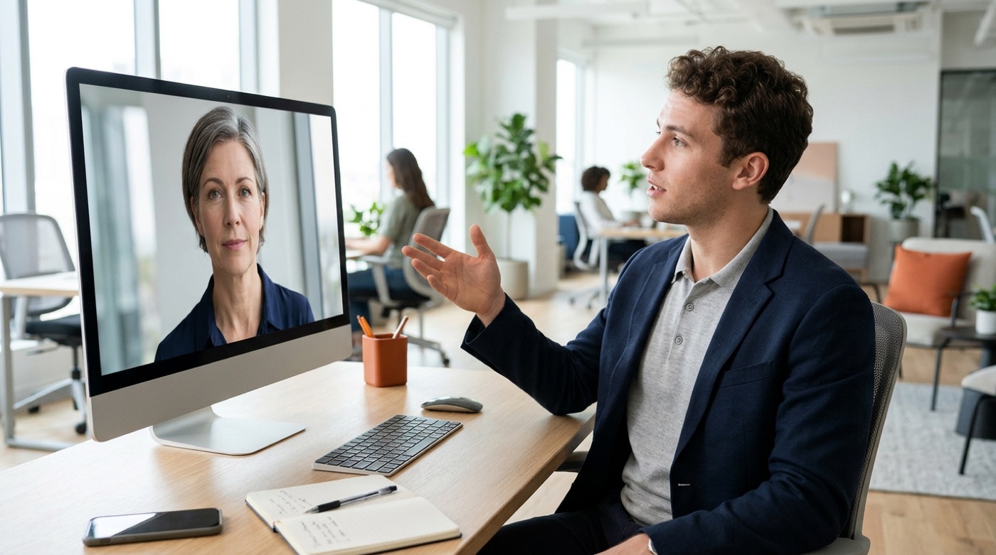 A salesperson practicing a pitch with an AI avatar client on screen