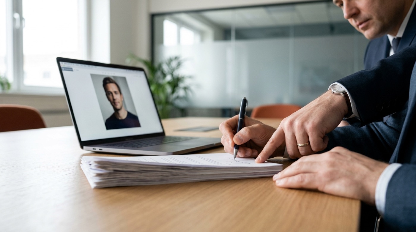 A founder signing a consent agreement for an AI avatar, with their photo on a laptop