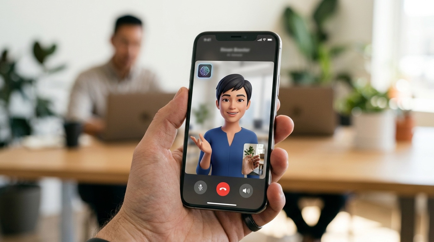 A video chat with a brand AI avatar on a phone, with an AI badge in the corner