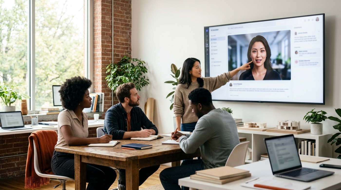 A team reviewing an AI avatar video together and discussing expression and tone
