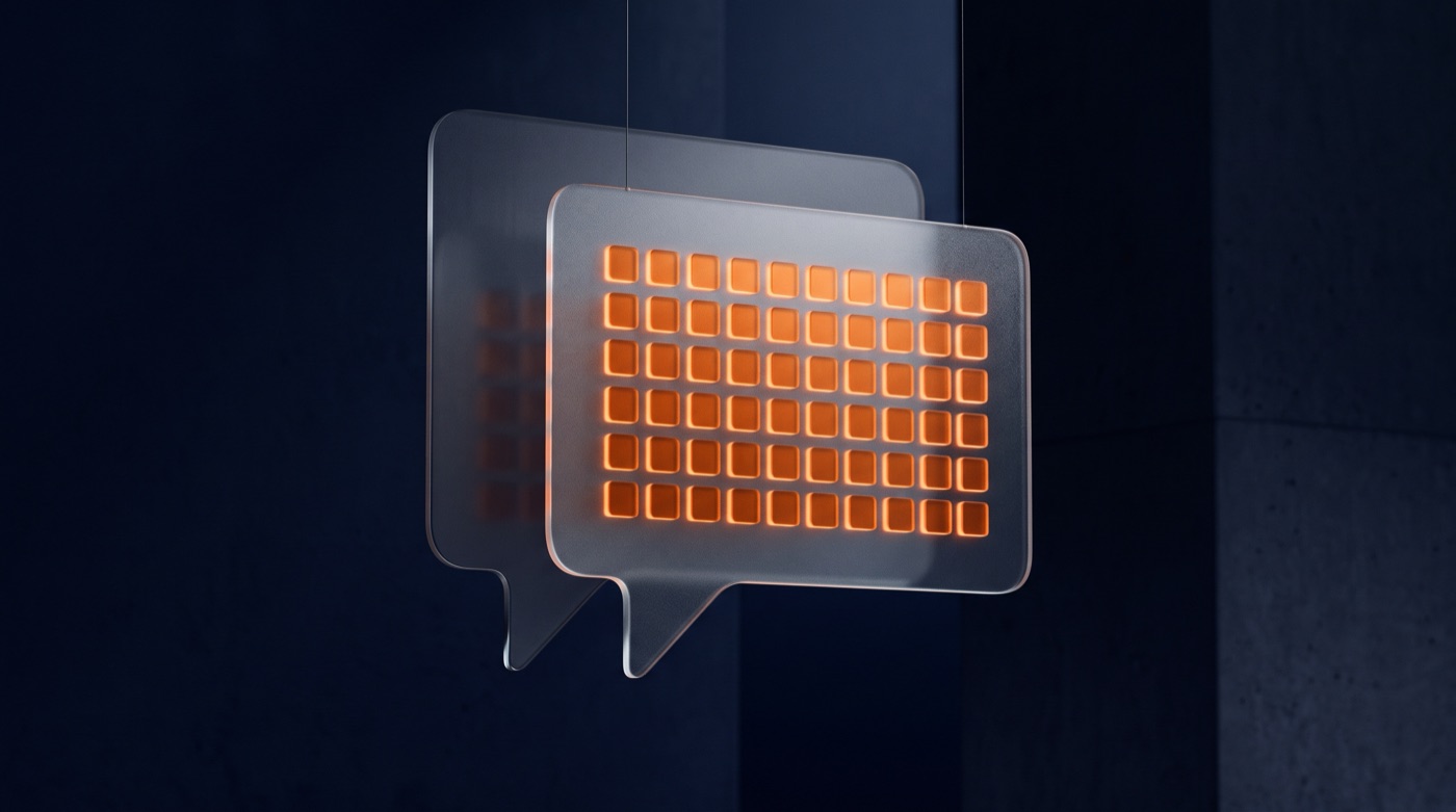 Two speech-bubble panes of frosted glass float against deep navy, the front one filled with a neat grid of glowing orange tiles