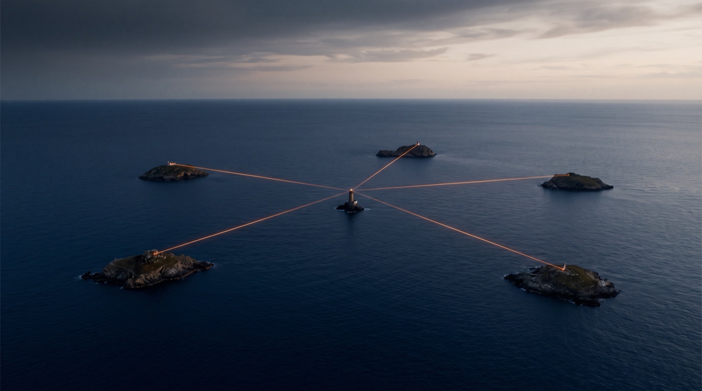 At dusk on a deep navy sea, small islands connect to a central lighthouse by thin orange lines of light