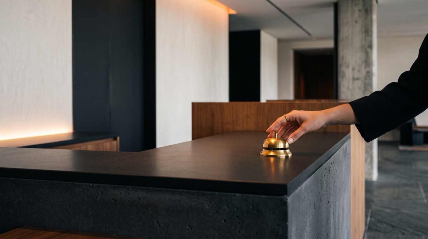 A hand touches a brass service bell on a minimalist concierge desk