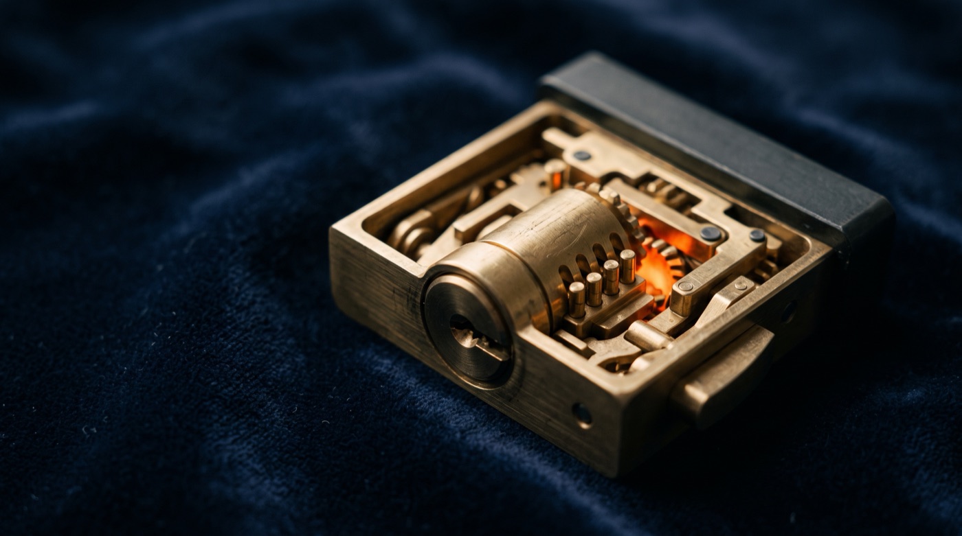A half-open brass lock mechanism on navy velvet, glowing warm orange inside