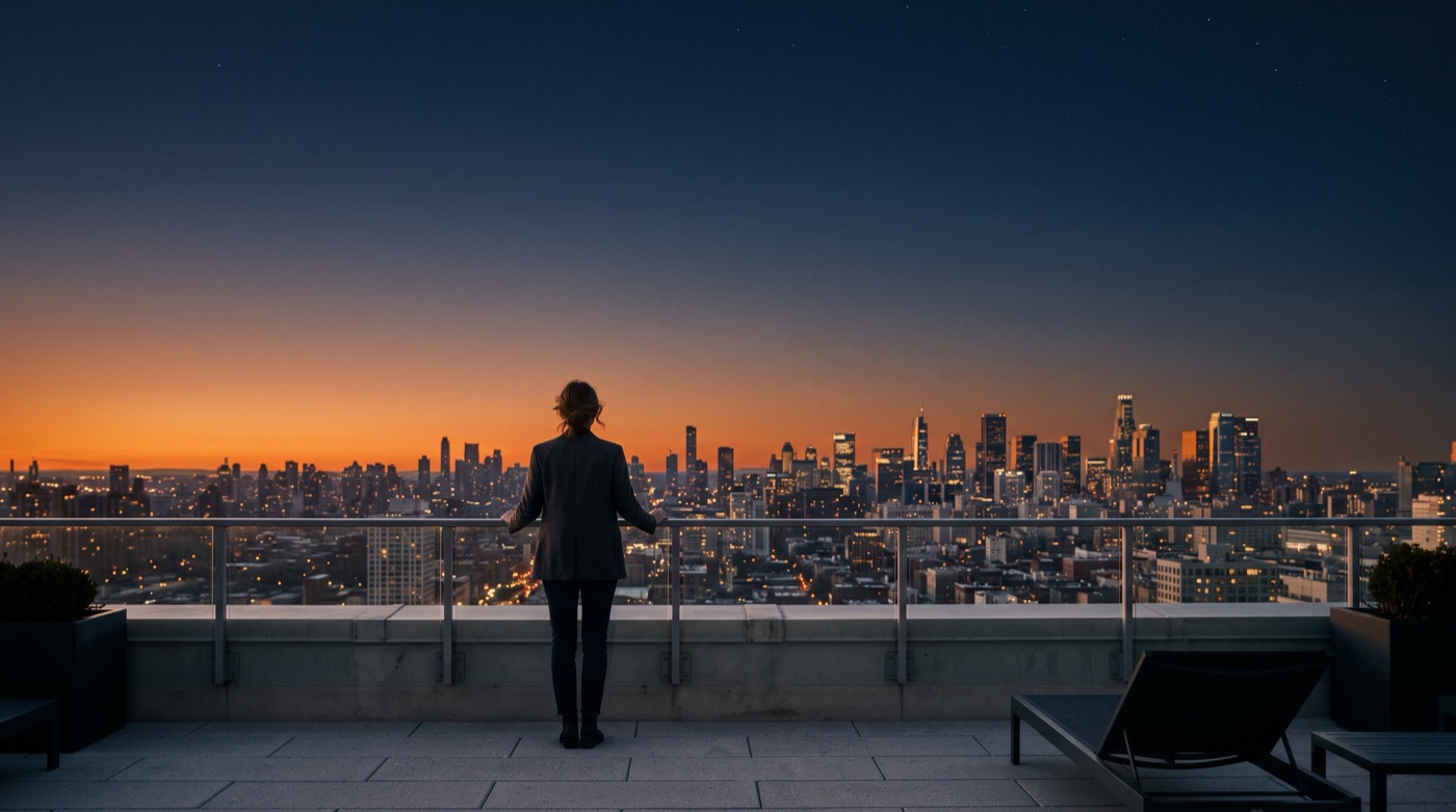 A person on a rooftop terrace at dawn looks out over a city under an orange sky