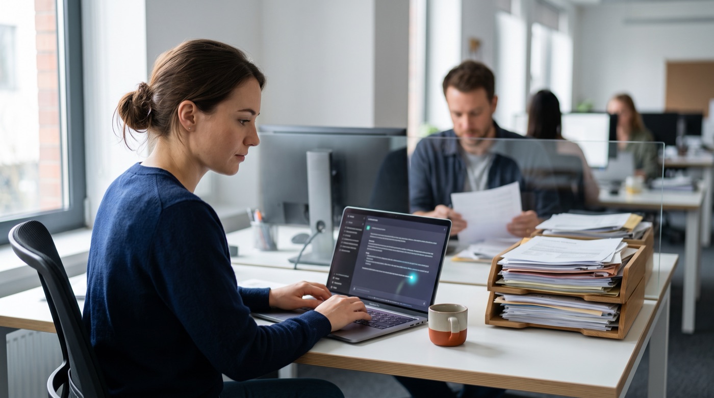 An employee finishes a report fast with AI while documents waiting for approval pile up at the next desk