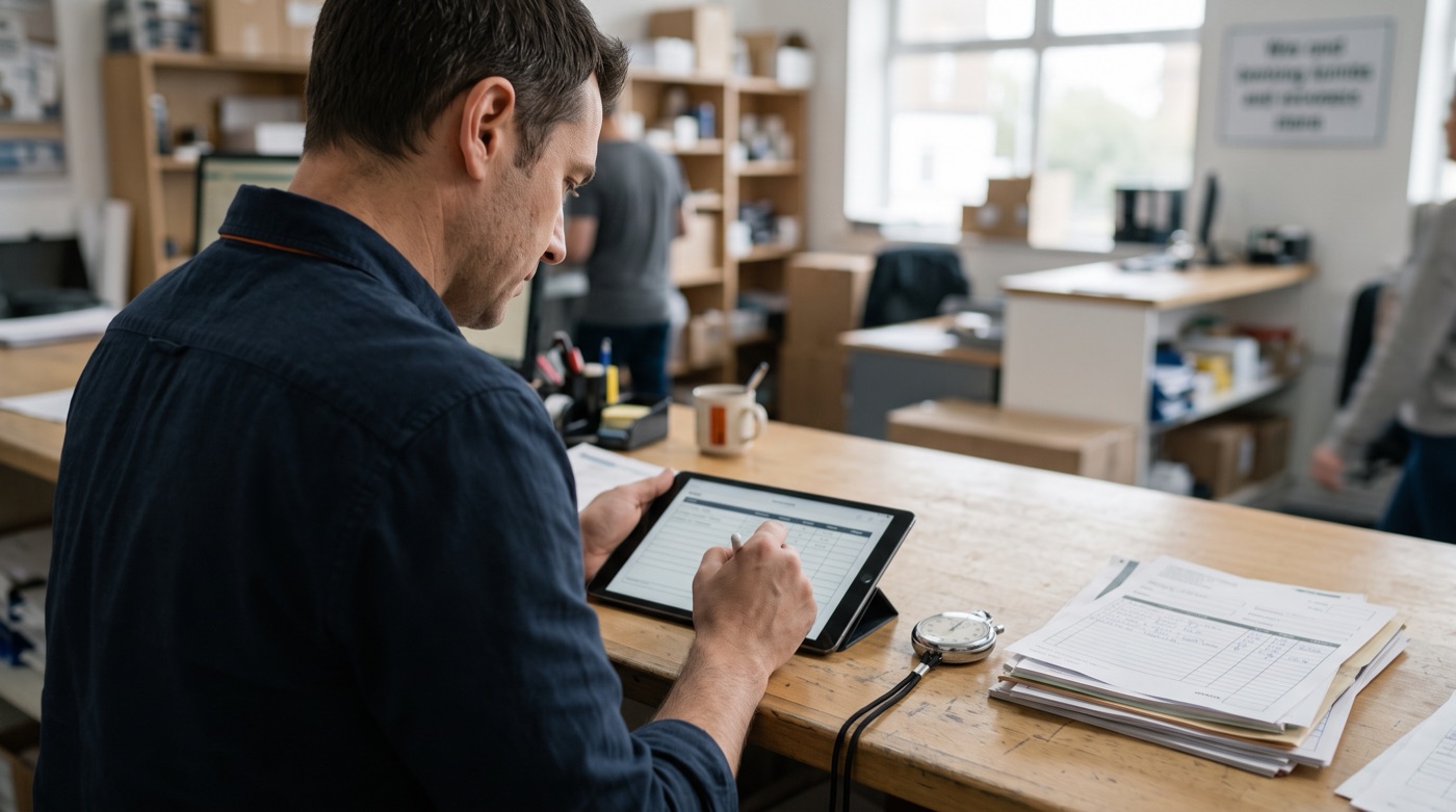 A shop owner records the time and cost of each task on a tablet