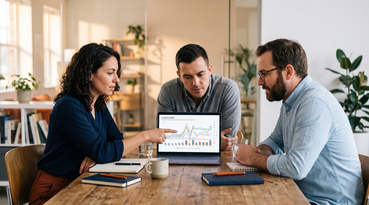 A small team reviews a chart of AI agent results at their monthly meeting