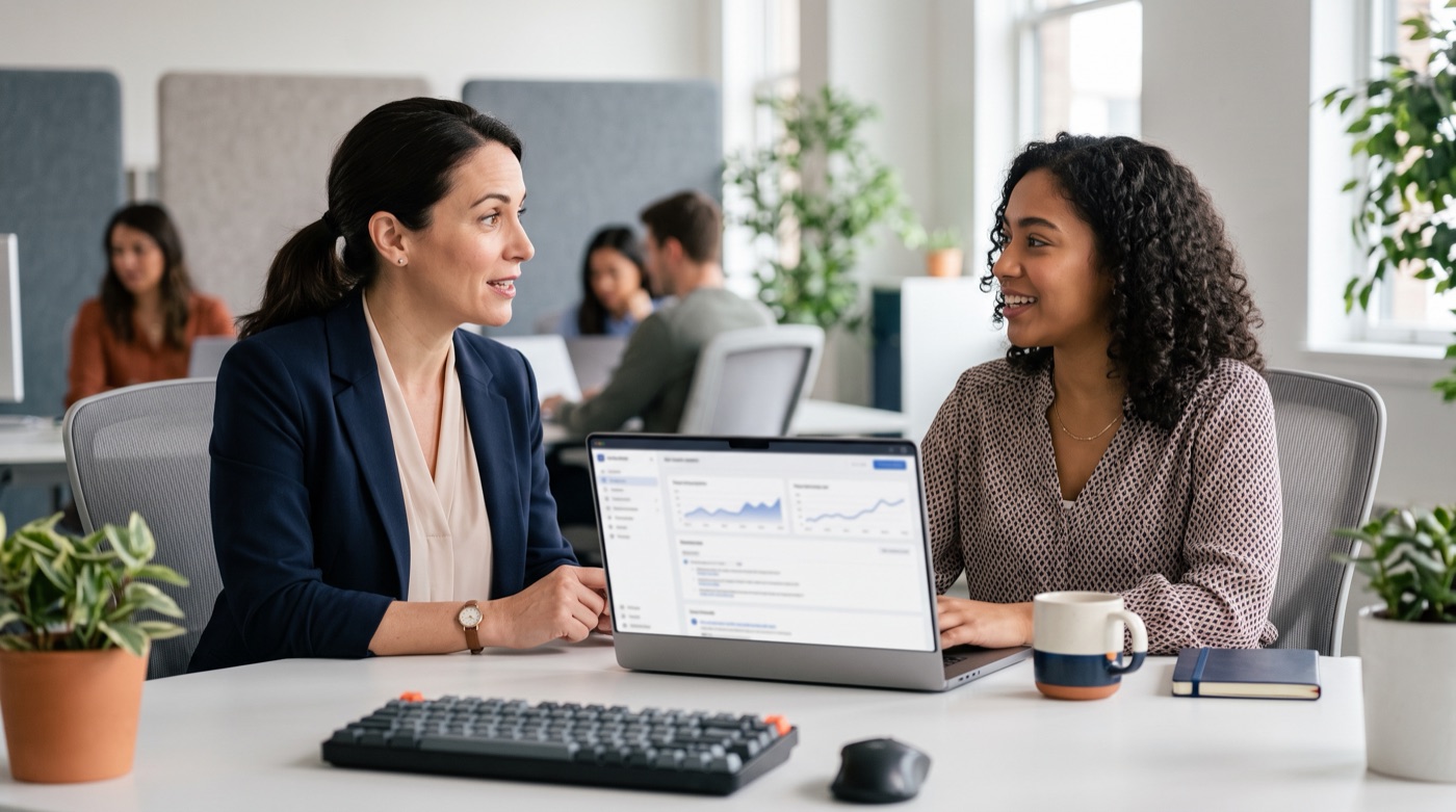 A manager talks with an employee about how the AI tool has changed her daily work