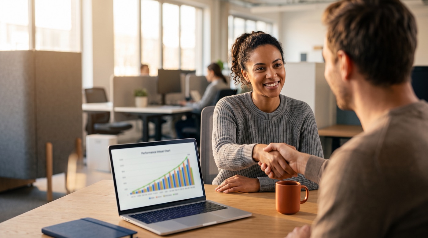 A manager and an employee shake hands after reviewing a rising monthly AI agent results chart