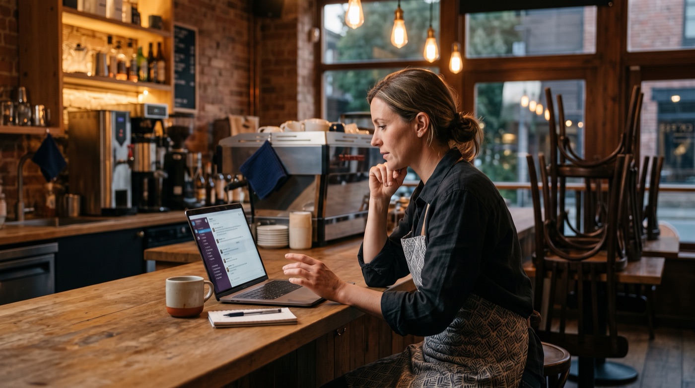 A coffee shop owner at the counter after closing, looking at a laptop where an AI assistant lists draft posts for the week
