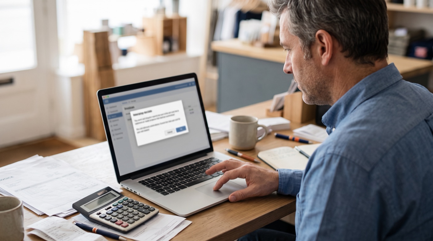 A small shop owner at a desk hesitating over a permission dialog asking to connect accounting and payment accounts, with invoices and a calculator nearby