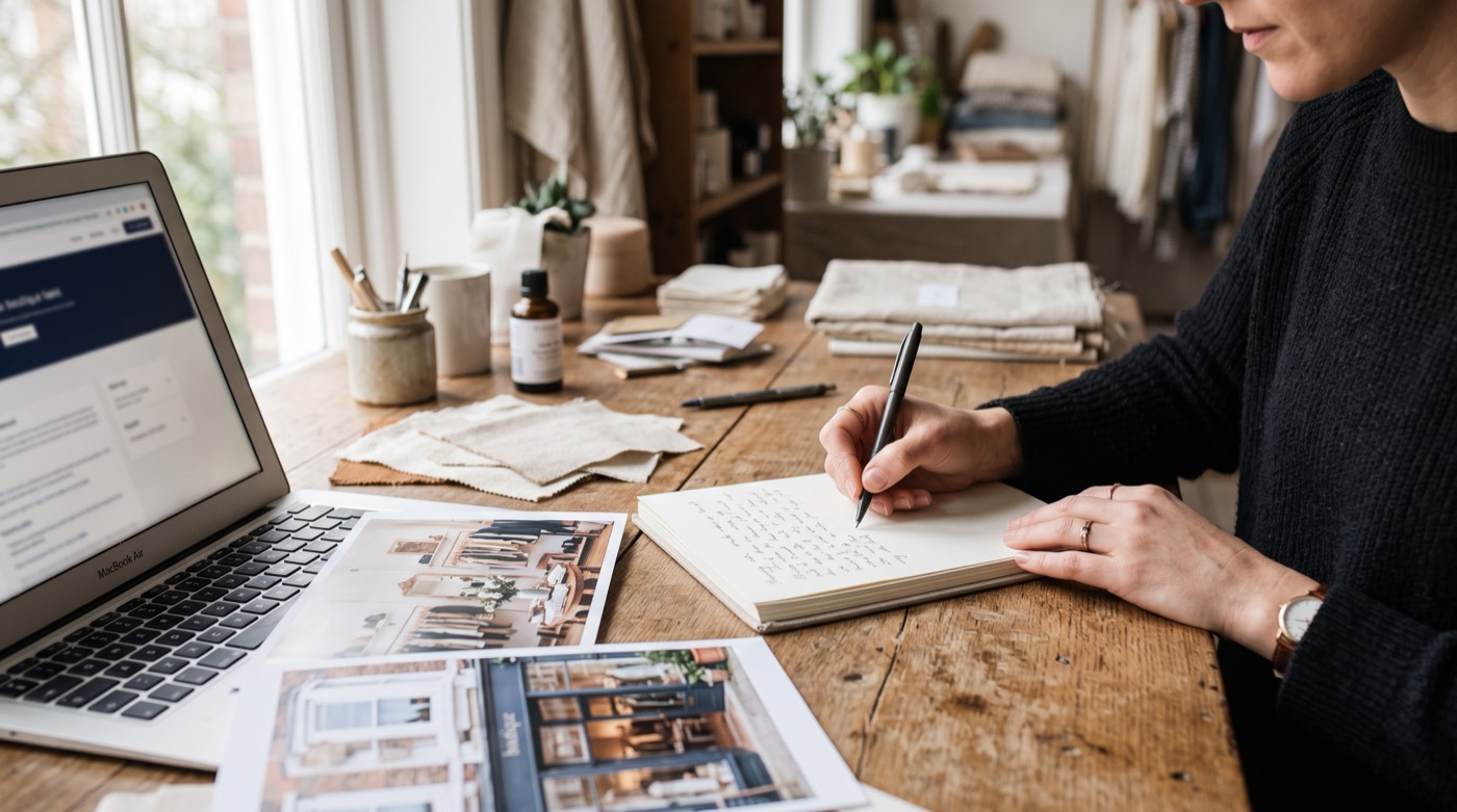 A boutique owner handwriting a one-page brand description at a wooden table, with product samples, shop photos and a laptop beside her