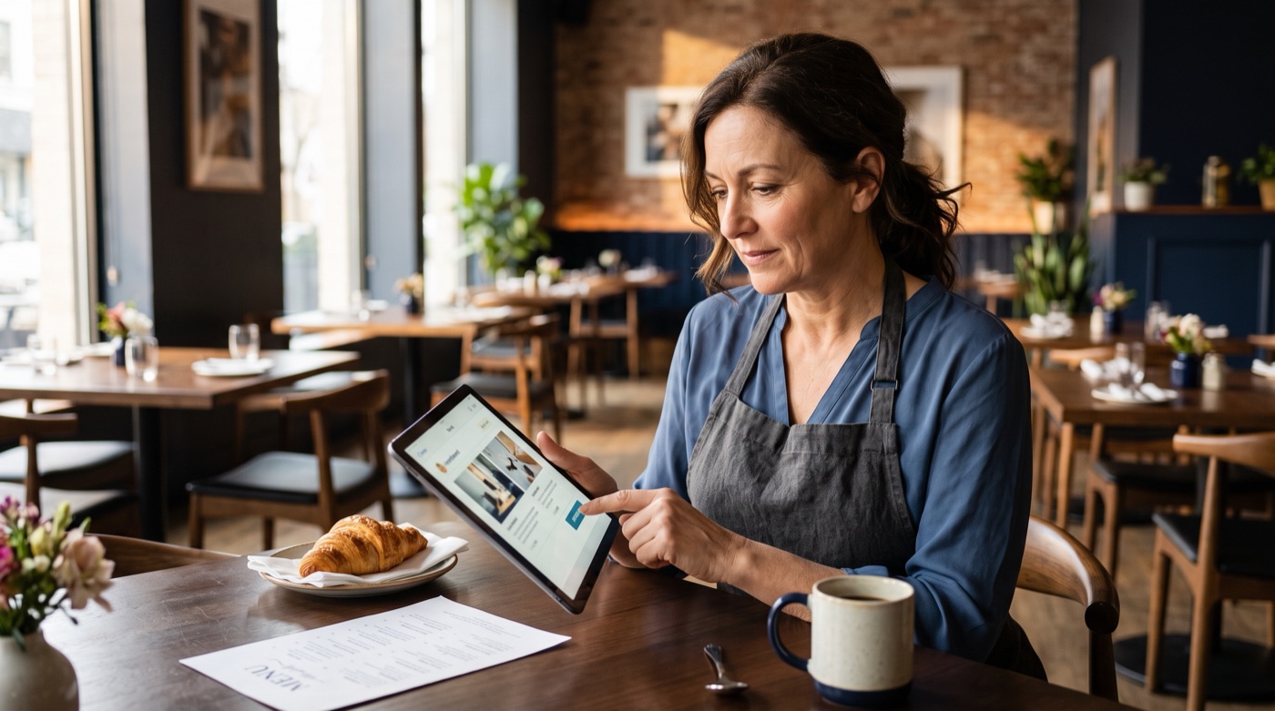A restaurant owner sitting in an empty dining room reviewing a draft ad on a tablet and tapping to approve it