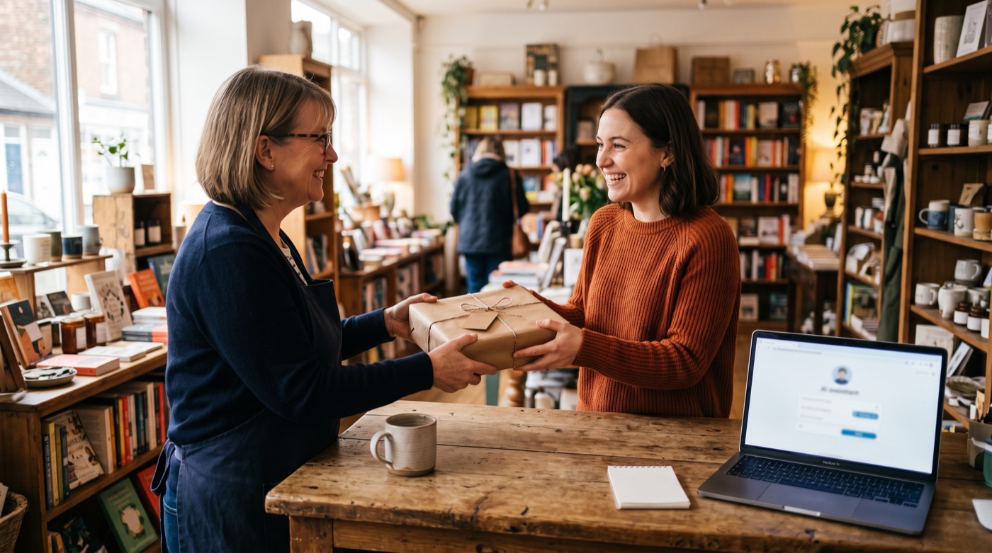A shop owner handing a wrapped parcel to a regular customer, with a laptop running an AI assistant off to the side