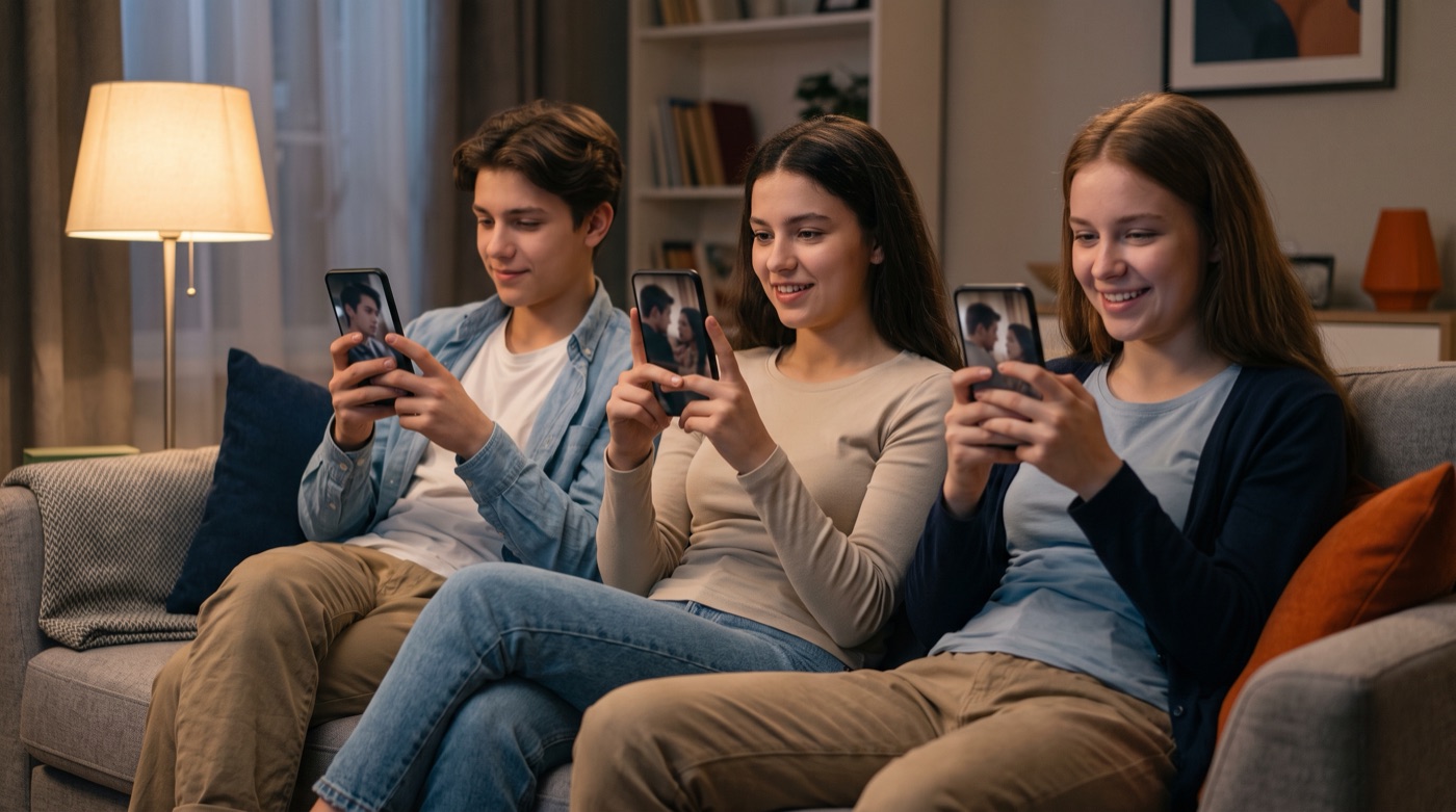 Three young people on a sofa watching vertical micro-dramas on their phones