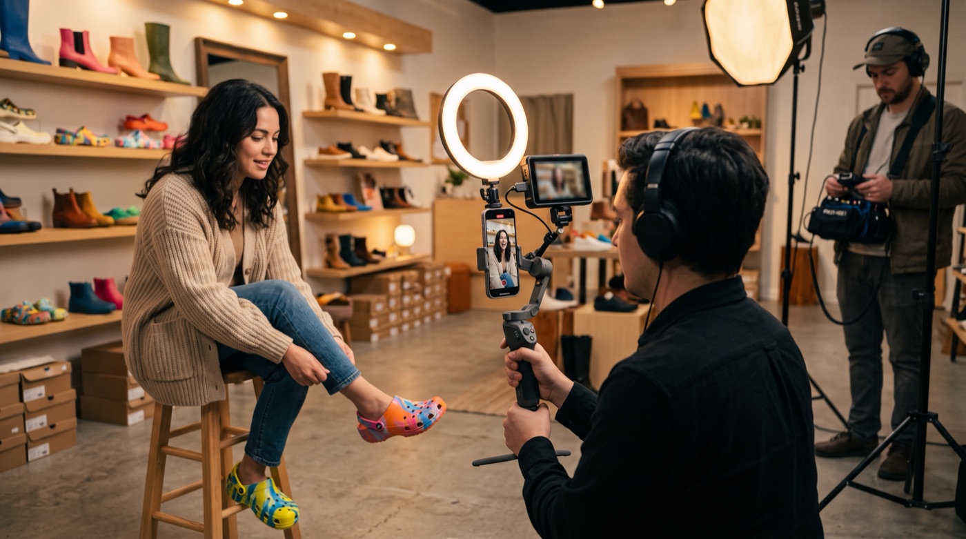 A small crew filming a brand micro-drama in a shoe store set with a vertical phone rig