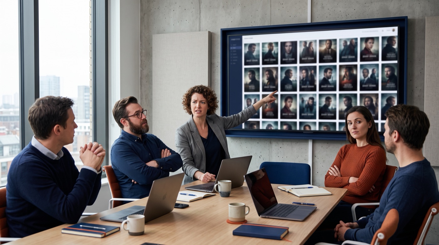 A marketing team debating a screen full of near-identical micro-drama posters