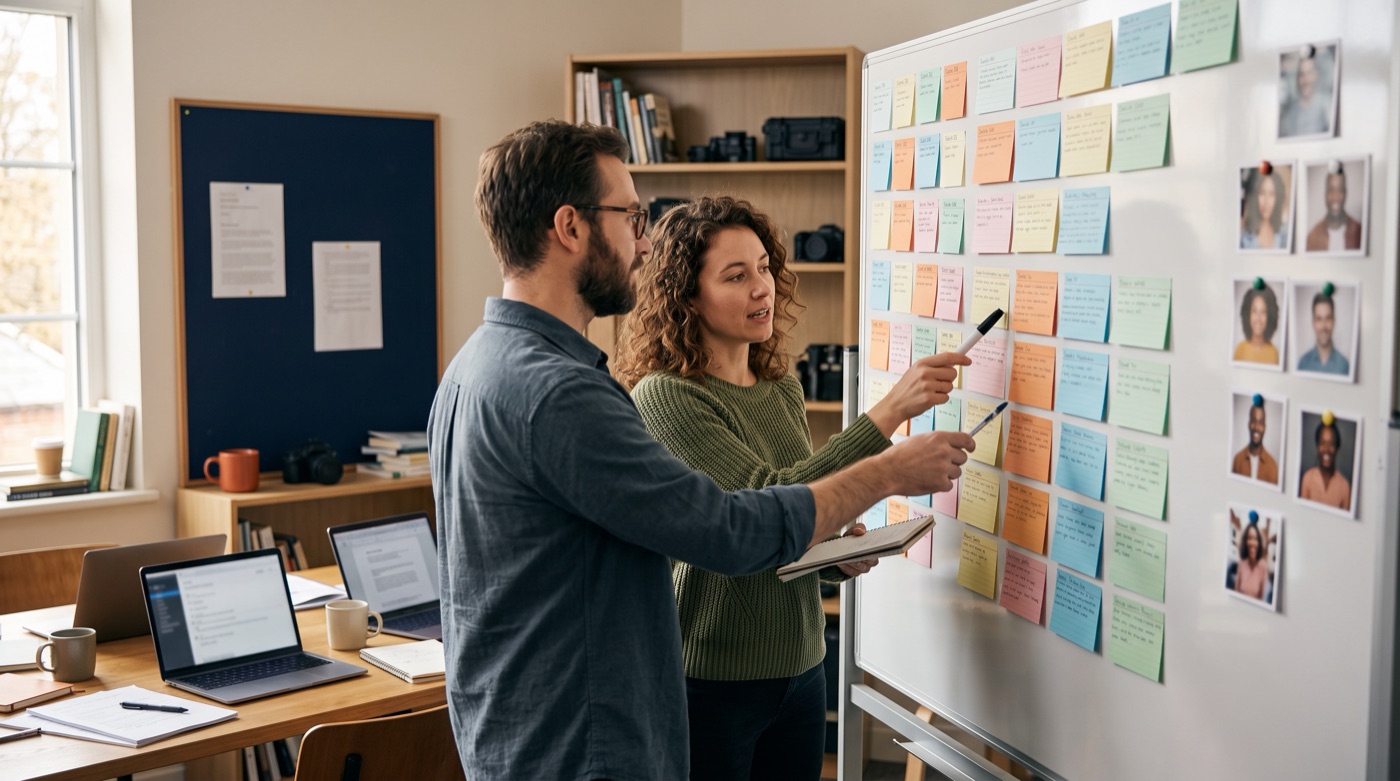 A screenwriter and a brand marketer planning episodes with index cards on a whiteboard