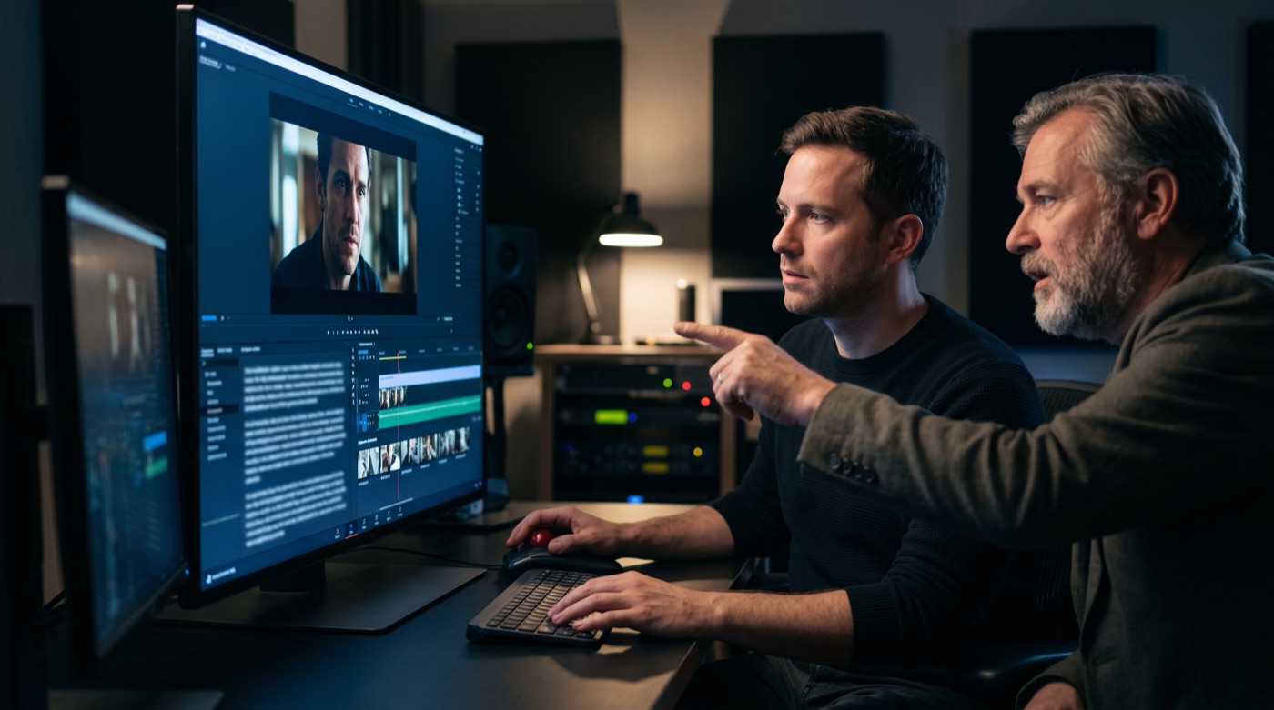 An editor using AI tools on a micro-drama while the director points out which take to keep