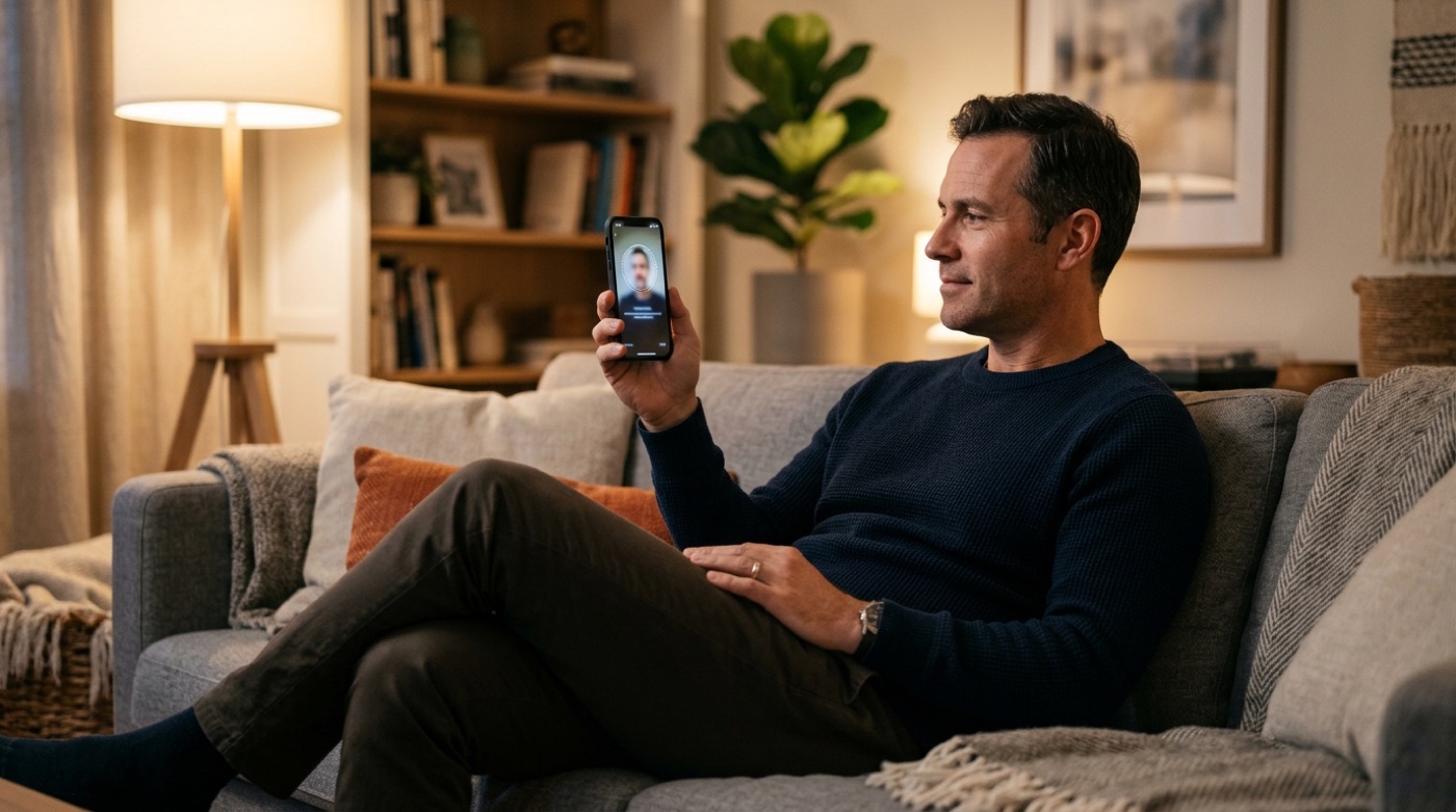 A shopper on a living-room sofa signing in to an online store with face recognition on their phone, no password typed
