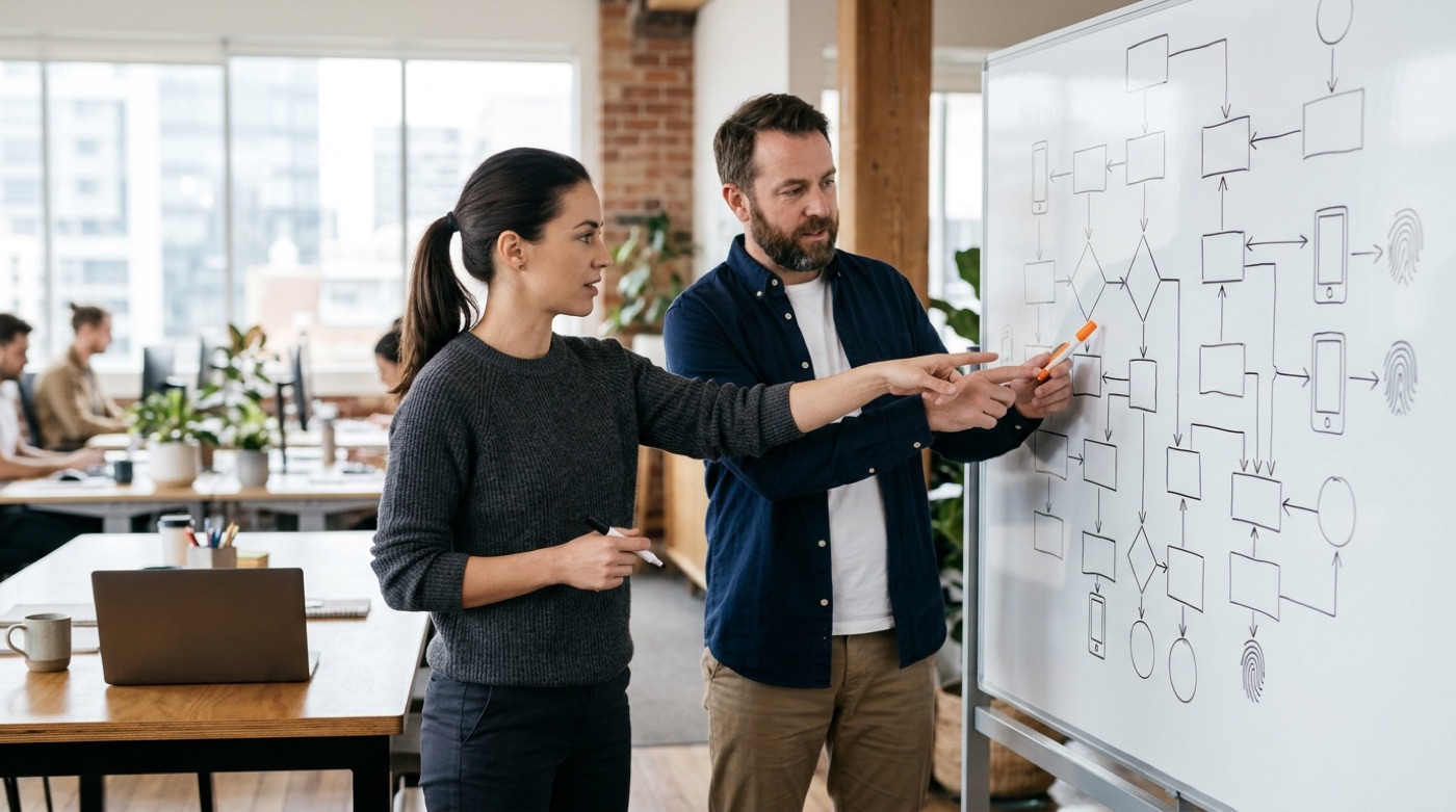 An engineer and a product lead at a whiteboard mapping the member sign-in flow