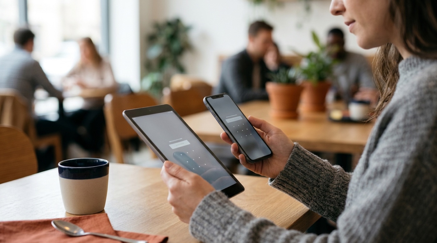A customer in a café holding a new phone, using a tablet to help sign in to their member account