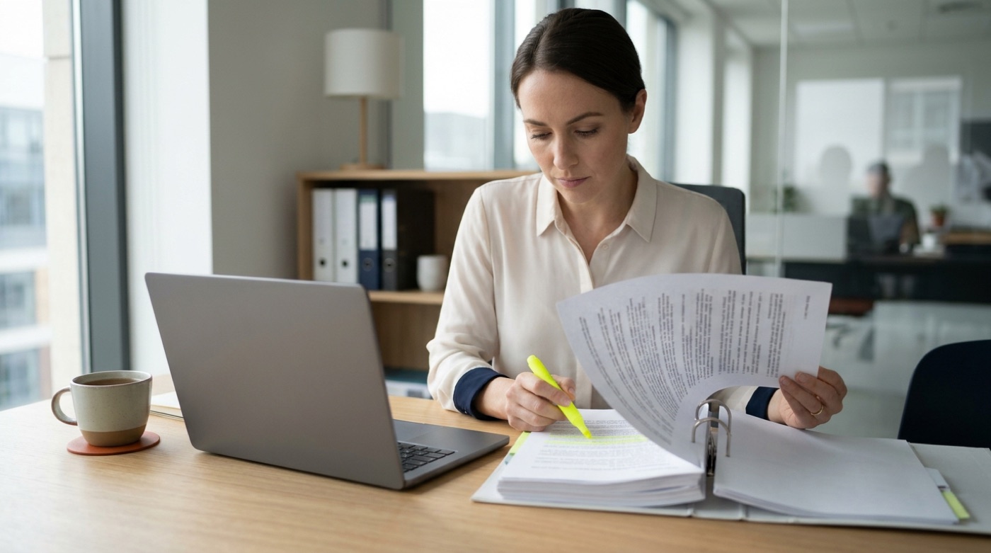 A compliance manager at her desk studying a thick regulation document with a highlighter
