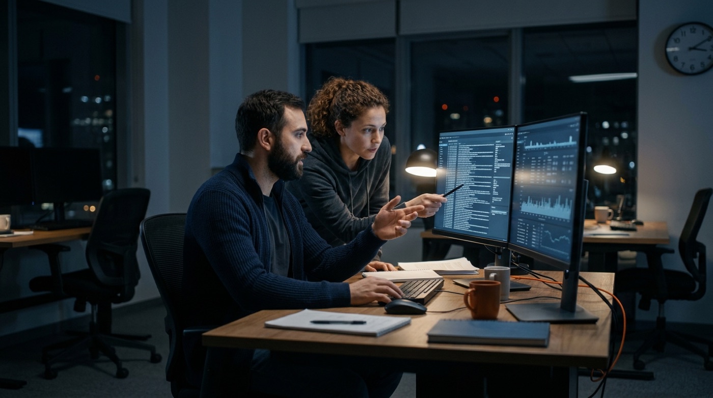 Two engineers working late, reviewing access logs on screen to trace a data leak