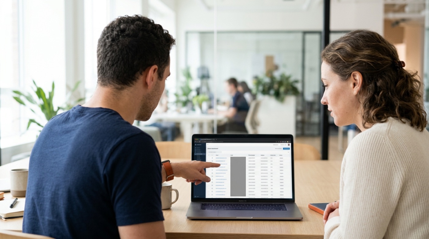 A developer showing a client an admin table of customer records with sensitive fields masked
