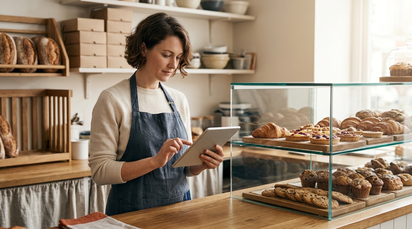 A bakery owner reviewing customer membership records on a tablet at the shop counter
