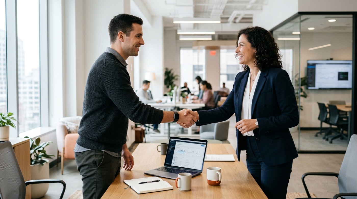 A business owner and a developer shaking hands after a project review
