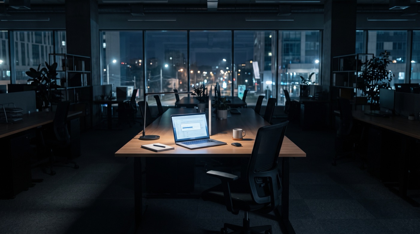 An empty office desk late at night with a laptop still glowing with a task progress screen